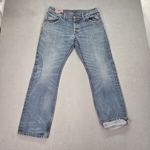 Jeans Mens 33x30 Faded Blue Straight Button Fly Whiskers Embroidered Denim